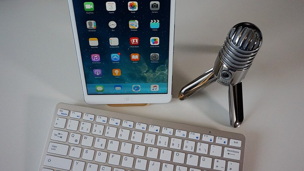 microphone, keyboard, tablet, podcast, condenser microphone, home office, podcast, podcast, podcast, podcast, podcast